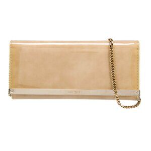 Jimmy Choo Milla Clutch Patent Leather Nude Tan Gold Strap